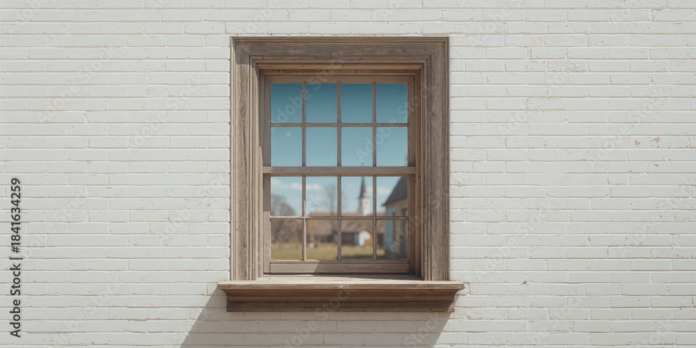 Obraz premium Weathered wooden window frame with peeling paint on white brick wall, ideal for rustic decor