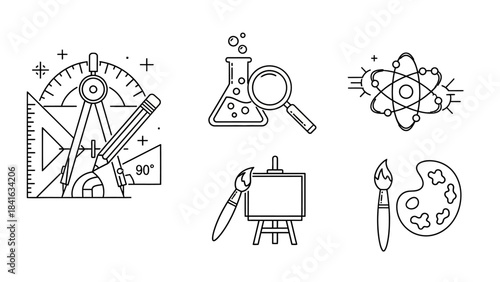 Creative exploration set of education icon, science, art, mathematics concept design in drawing