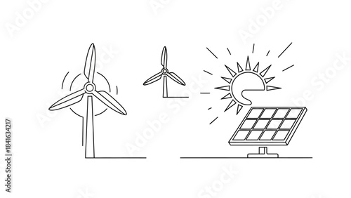 Minimalist illustration showcasing wind turbines and solar panel for sustainable energy solutions
