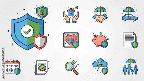 Modern insurance icon set offering security and protection for various aspects of life and business