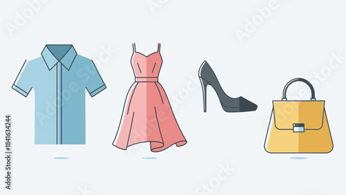 Stylish apparel collection featuring shirt, dress, pump heel, and handbag in minimalist style