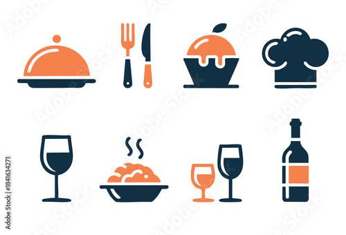 A collection of food and dining related icons featuring restaurant, cooking, and beverage symbols