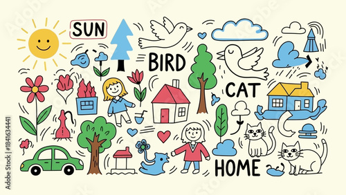 Whimsical doodle illustration showcasing everyday objects with a playful and childlike aesthetic