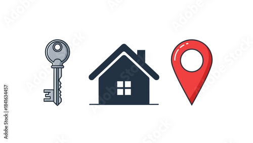 Illustration showcasing property acquisition with key and geolocation pin symbols concept