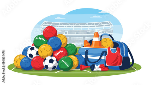 Colorful illustration of various sports equipment and balls on green field with stadium background