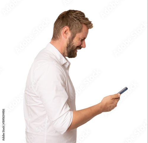 Profile side photo of positive cheerful man using smart phone over transparent background. Business concept. PNG transparent.