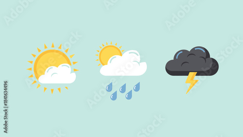 Illustrative weather forecast icons representing sunny rainy and stormy conditions against light