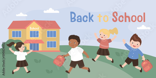 Group of multiethnic children walking to school building. Kids going back to school. Classmates, schoolboys and girls going to school in morning. Starting learning process,