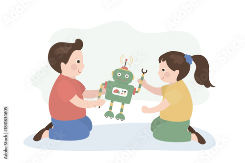 Happy girl and boy talking, play with robot. Friends play with one shared robot toy. Childhood, imagination, preschool games. Cute preschooler characters.
