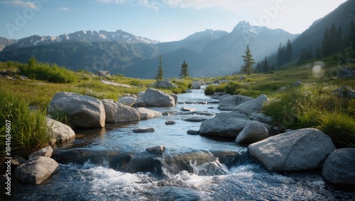 Mountain scene featuring a creek and sizable rocks, ideal for nature-themed layouts