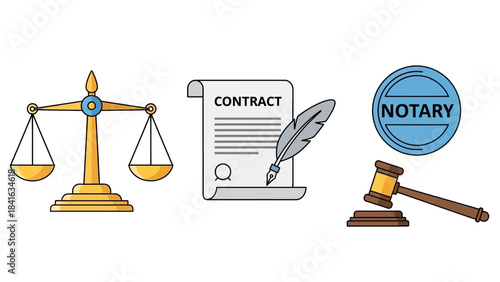 Conceptual legal and law illustration featuring scales, contract, notary public stamp and gavel