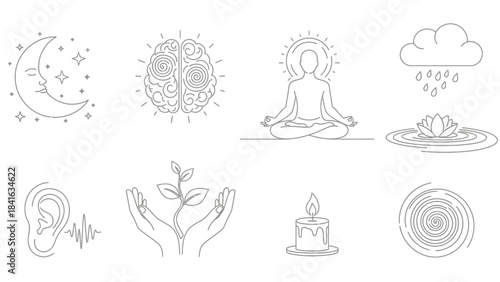 Minimalist line art symbols representing mental and spiritual wellness practices, nature, and