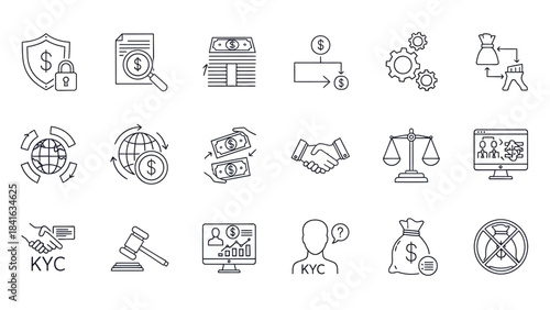 Financial management icon set for business operations and security transactions related to fintech