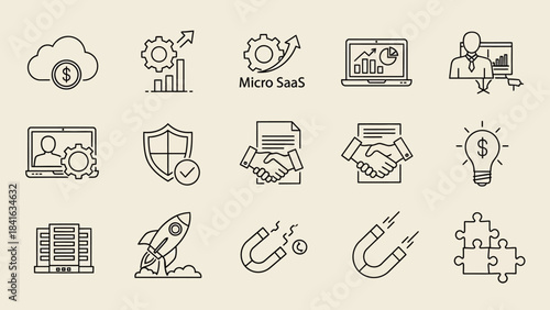 Modern business and startup line icons depicting cloud computing, growth analysis and investment