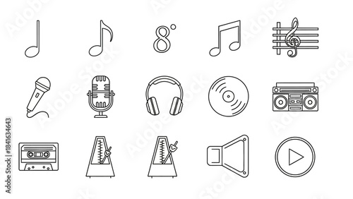 Outline Style Musical Elements Collection Representing Varied Aspects of Music and Audio Recording