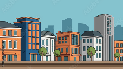 Stylized cartoon city skyline illustration with varied building architecture and blue sky aesthetic