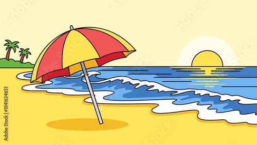Cartoon beach scenery with umbrella, ocean waves, sunset and palm trees