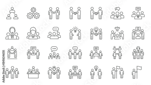Business collaboration and team networking line icons showcasing cooperation, leadership, and