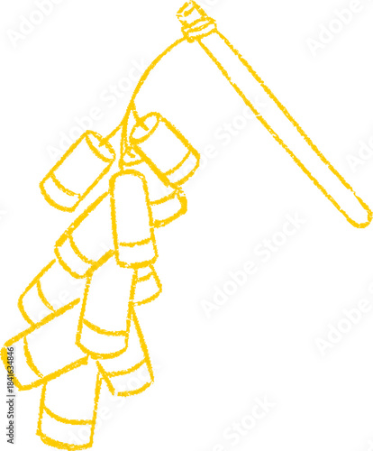 Hand-drawn hanging firecracker bundle in bold sketch lines. Festive cultural icon symbolizing celebration and loud energy.