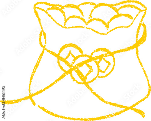Hand-drawn lucky pouch with knotted string in minimal sketch style. Represents blessing, fortune, and festive tradition.