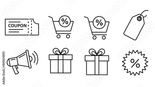 Minimalist line art illustrating shopping and promotion concepts for commercial use