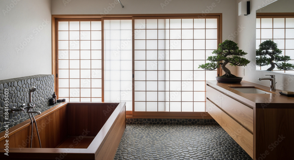 Fototapeta premium A tranquil Japanese-inspired bathroom featuring a deep wooden soaking tub (Ofuro) next to a large sliding shoji screen window. Smooth river stones line the floor, and a single bonsai tree rests 