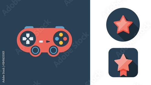 Digital gaming controller alongside a star icon showcasing levels and achievements