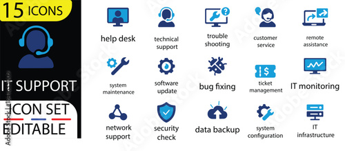 IT support icons with troubleshooting error and cloud maintenance.icon, technology, support, troubleshooting,vector, connection maintenance, internet, service, computer and more.

