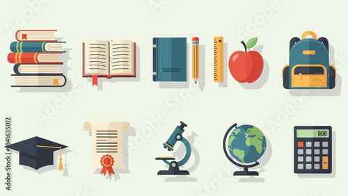 A vibrant flat illustration showcasing diverse educational elements for learning and studying