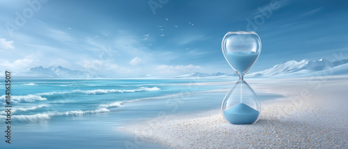 Fototapeta Naklejka Na Ścianę i Meble -  Serene beach hourglass stable financial future concept with calm sea and sky