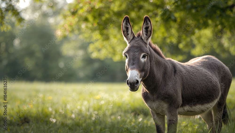 Fototapeta premium Donkey standing in open countryside with blurred trees, highlighting rural animal life
