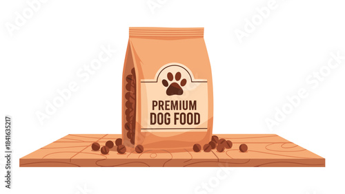 An orange bag of premium dog food on a matching orange mat with kibble scattered around