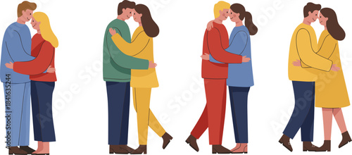 Vector Illustration Set of Diverse Happy Couples Hugging, Showing Love, Intimacy, and Romantic Relationships; Man and Woman Embrace for Affection, Connection, and Support in Flat Style.