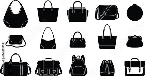 Silhouettes of assorted handbags, purses, backpacks, and travel bags in various styles, isolated on white background, representing fashion accessories, luggage, and modern design concepts