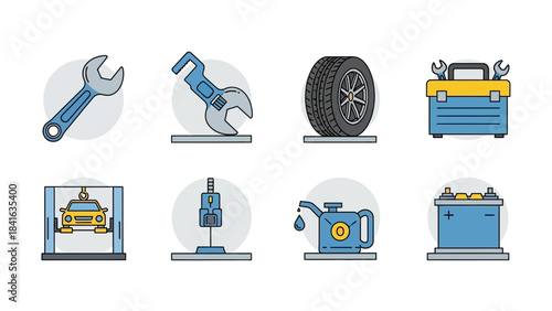 Vehicle maintenance icons showcasing various tools and equipment for car repair services isolated