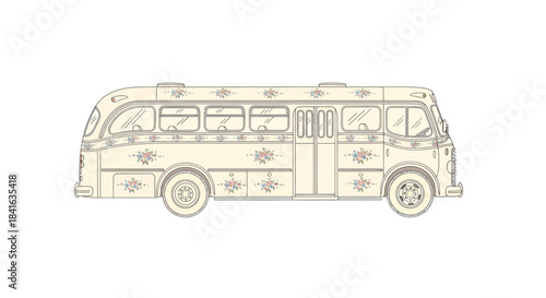 Charming vintage bus line art with floral decoration evoking a sense of nostalgia and travel