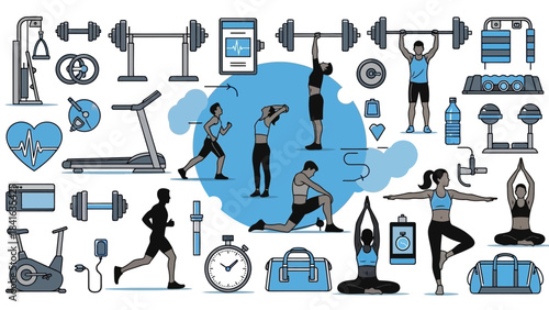 Comprehensive fitness and wellness icon set showcasing diverse workout routines and equipment for