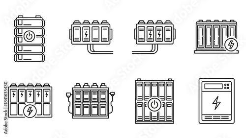 Battery cells or energy storage modules depicted through linear and minimalistic designs