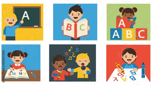 Diverse cartoon kids learning through activities: reading, singing and writing skills preparation