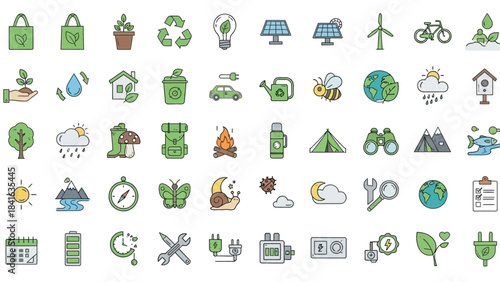 Ecological icon set representing environmental protection and sustainable practices illustrated in
