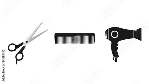 Styling essentials vector art showcasing scissors, a comb, and a hairdryer arranged horizontally