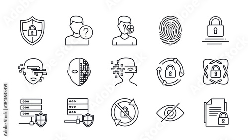 Collection of line icons representing data security, artificial intelligence and user privacy