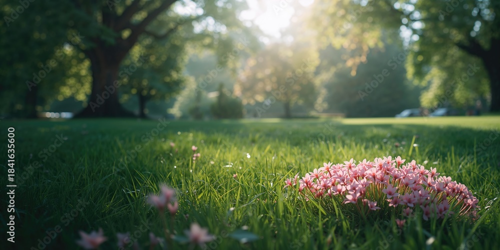 Fototapeta premium Serene park landscape with lush greenery in London during spring, ideal for nature-themed layouts