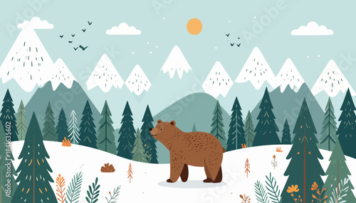 A brown bear stands in a snowy forest landscape with tall pine trees, majestic mountains, and a bright sun in a clear sky, with birds flying.