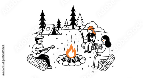 Cozy camping scene with friends singing songs and roasting marshmallows around the campfire