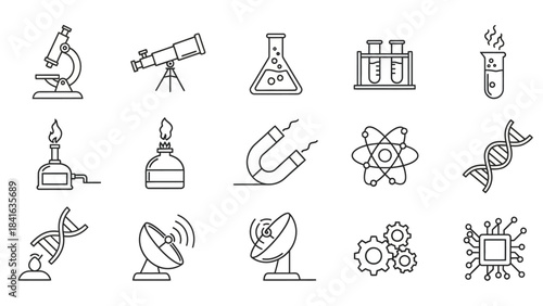 Minimalist science and technology icons displaying research elements and academic exploration