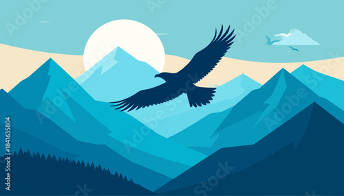 Majestic eagle soaring gracefully over a serene landscape of blue mountains and a large sun in a minimalist, flat design.