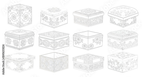 Delicate line drawing showcasing an array of ornate decorative boxes with intricate designs and