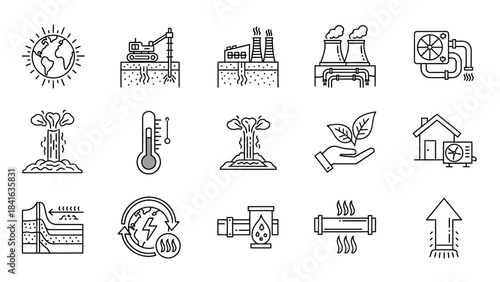 Geothermal energy line icon set presenting sustainable energy solutions for the future