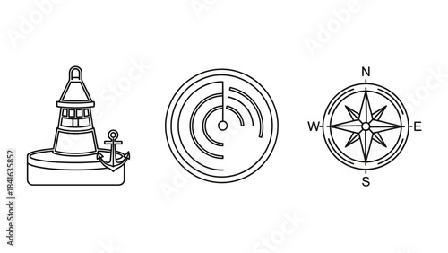 Minimalist Line Art of Nautical Navigation Elements: Buoy, Radar, and Compass